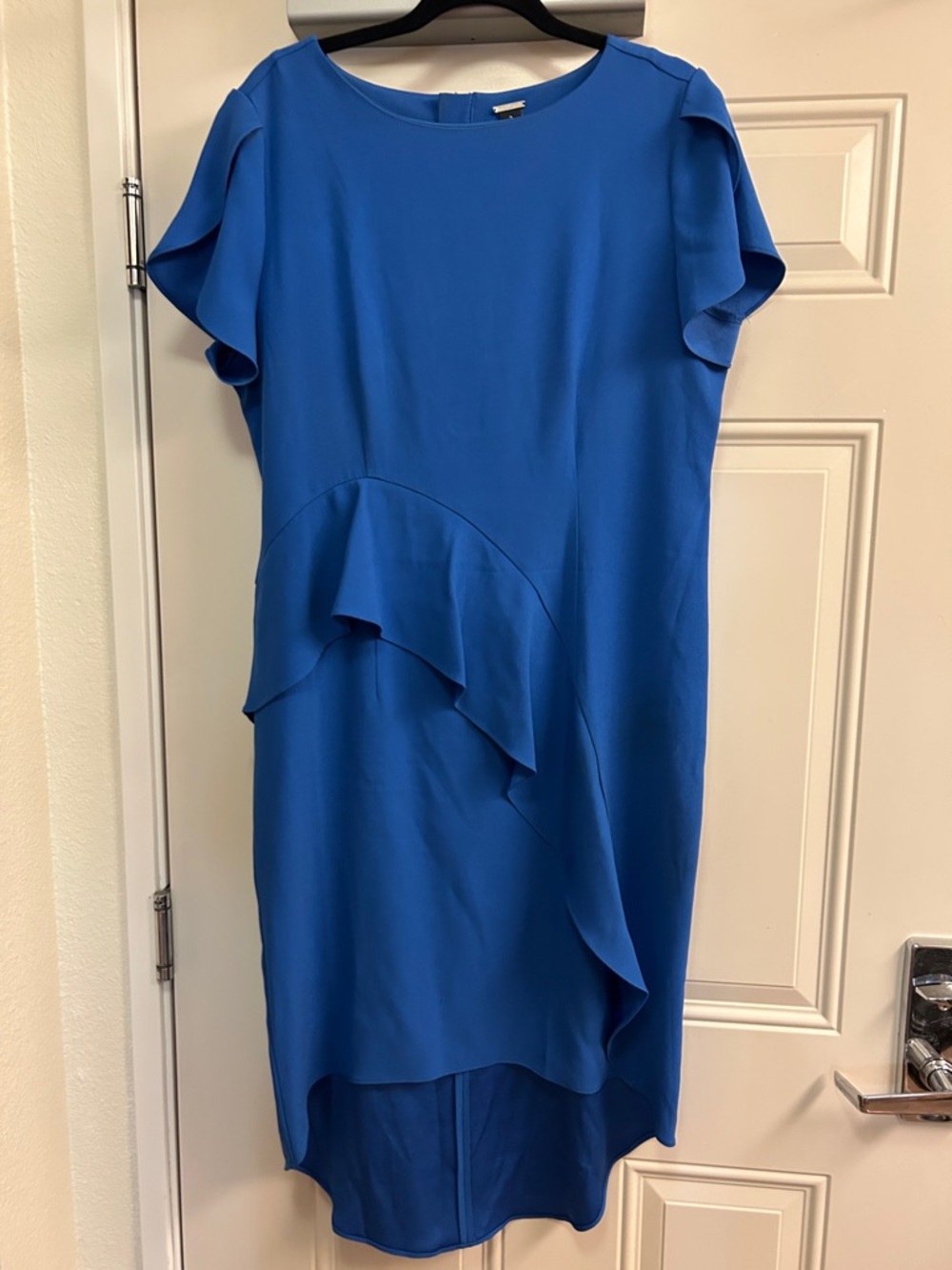 Chico’s “Black Label” Royal Blue Tulip Sleeve Hi/Low Ruffle Dress. Size 2